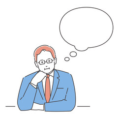 ビジネスパーソン　頬杖をついて考え込む男性　正面　3色