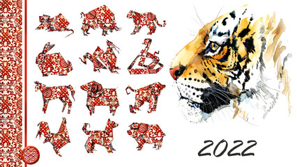 Happy Chinese New Year 2022 year of the tiger. Chinese Zodiac New Year signs. Traditional china horoscope animals. Astrological calendar Isolated watercolor illustration icons set