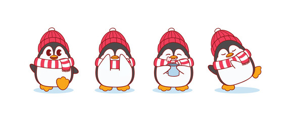 Cute Penguin in Winter Wearing Scarf and Beanie Walking, Covering Eyes, Drinking Hot Beverage, Dancing Illustration Set