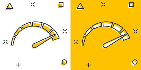 Meter dashboard icon in comic style. Credit score indicator level vector cartoon illustration pictogram. Gauges with measure scale business concept splash effect.