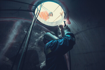 Welding arc argon worker male repaired metal is welding sparks industrial construction tank part...