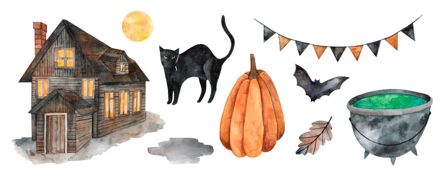Watercolor set of drawings for Halloween. Witch's house, full moon, black cat, orange pumpkin, bat, autumn oak leaf, vat of potion, black-orange garland.