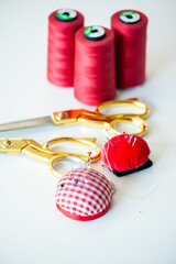 Fashion Design Studio. Hanging Clothes, Sewing Machine and Various Sewing Related Items on the Table, Mannequins Standing, Colorful Fabrics.