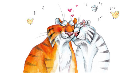 Cute cartoon watercolor card for Valentine's day with two loving tigers and birds with notes. Colored pencils and pastels . Postcard. Invitation. Calendar. Poster. Print. - obrazy, fototapety, plakaty