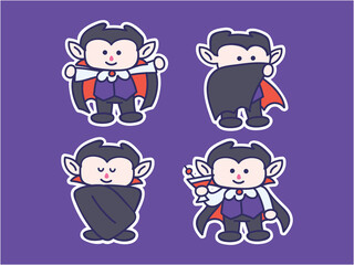 Cute and kawaii Dracula mascot Sticker Illustration Set, vampire drink blood, sleep, hiding in cape, smile