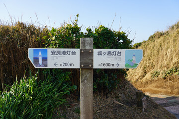 海に向かって城ヶ島の崖を下る道