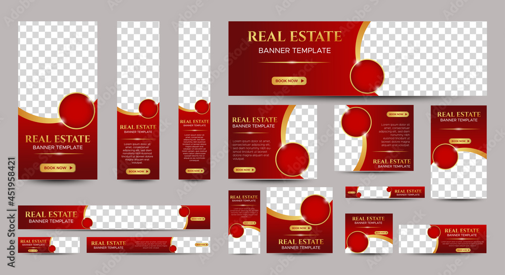 Wall mural real estate web banner design template set with red background. vertical, horizontal and square bann