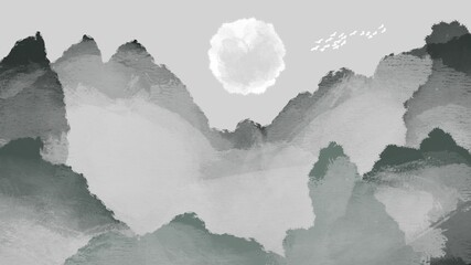 Unique abstract valley painting art with grey and white moon watercolor paint brush for presentation, card background, wall decoration, or t-shirt design