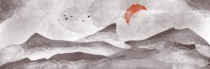 Unique mountain and moon painting art with watercolor paint brush for presentation, card background, wall decoration, or t-shirt design