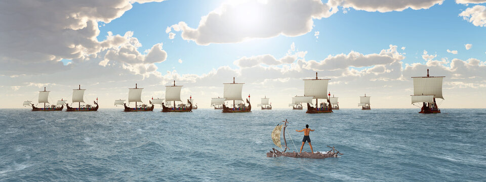 Schiffbrüchiger auf einem Floß und antike römische Kriegsschiffe