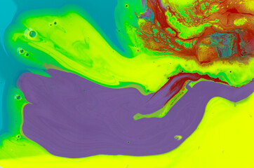 Blue, yellow and violet macro liquid ink background. Vivid artwork texture.