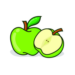 Green apple with sliced another apple. green apple vector illustration with shadow and white background