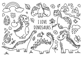 Dinosaurs in cute hand drawn style isolated on white background, dino clipart collection of cartoon animals for coloring book, nursery, posters and children room. Vector illustration