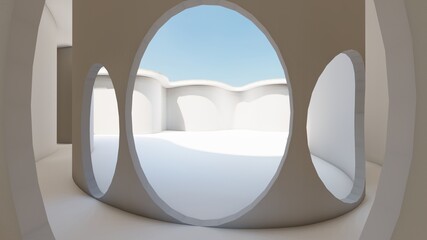Architecture background curved wall of building with round windows 3d render