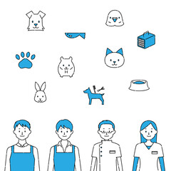 Animal-related work illustration, person and icon set (white background, vector, cut out)