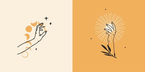 Hand drawn vector abstract stock flat graphic illustration with minimal logo element collection set,occult mystery human hand with moon and stars line drawing,magic art in simple style for branding.