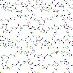 Fototapeta na wymiar Watercolor seamless pattern. Christmas light garland, isolated on a white background. 