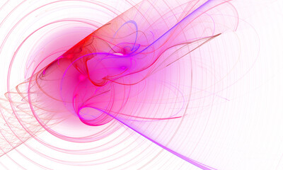 Fiery 3d rushing and blazing red violet flame emanating from pink circles of radiance or sound waves. Artistic abstract digital composition on white. Great as background, blank for design or cover.