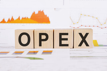 On a light background, graphs, diagrams and wooden cubes with the word OPEX - Operational Expenditures.