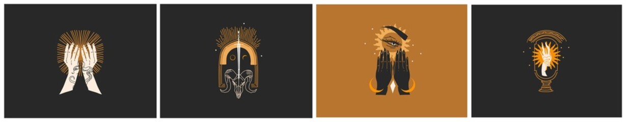 Hand drawn vector abstract flat stock graphic illustrations logo emblem collection set with magic astrology celestial golden moon phases,sun and stars,contemporary mystic and simple collage shapes