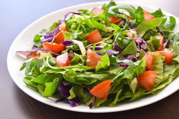 Vegetable salad with arugula, lettuce, red cabbage, and tomatoes on a white plate.