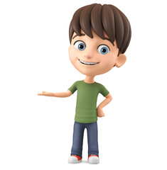 Cheerful cartoon character little boy on white isolated background points with hand to blank space. 3d render illustration.