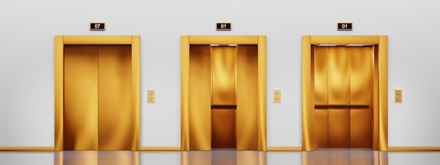 Golden elevator with closed, ajar and open lift doors in hallway. Empty office lobby interior, hotel or waiting area with gold cabins, button panel and display on wall Realistic illustration 3d render © marozhkastudio