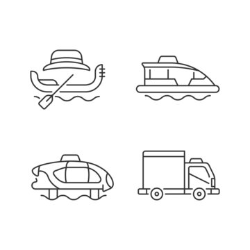 Booked taxi service linear icons set. Venetian rowing boat. Water bus. Electric transport. Cargo van. Customizable thin line contour symbols. Isolated vector outline illustrations. Editable stroke