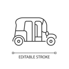 Auto rickshaw linear icon. Three-wheeler taxi. Passenger car equivalent. Urban transport. Thin line customizable illustration. Contour symbol. Vector isolated outline drawing. Editable stroke