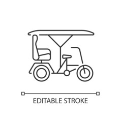 Bicitaxi linear icon. Tourists transportation. Bicycle taxi. Commercial vehicle with three wheels. Thin line customizable illustration. Contour symbol. Vector isolated outline drawing. Editable stroke