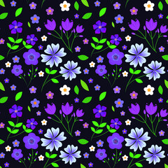 Cute floral seamless pattern with purple and white exotic flowers. Ditsy and tulip flowers and green  leaves on black background. great for textile, wallpaper, textures and fashion prints 