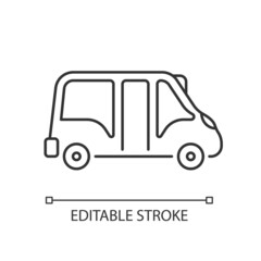 Minibus linear icon. Small bus for transporting passengers. Motor vehicle. Travel service. Thin line customizable illustration. Contour symbol. Vector isolated outline drawing. Editable stroke