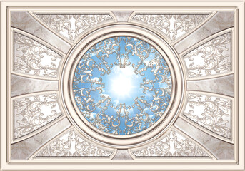 3-D ceiling painting in Classic style, the arch of the main hall, stucco beige ornaments, blue sky and sun in the dome, molding frame © Niko La