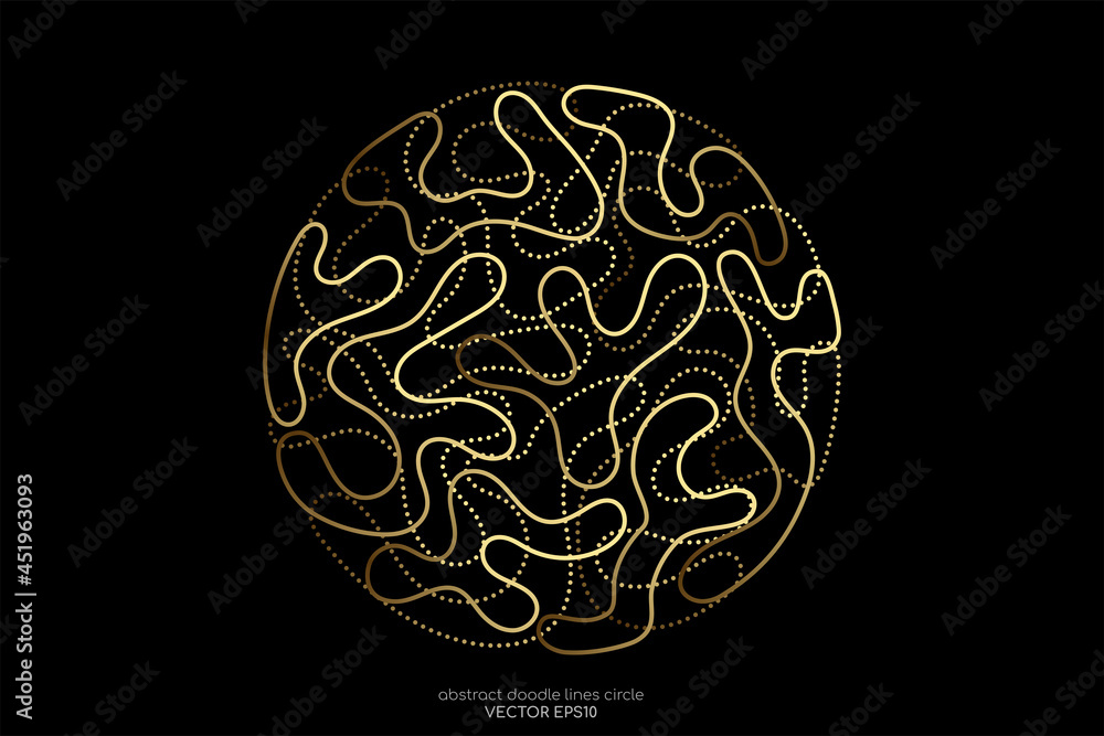 Poster abstract doodle lines in circle round shape gold light isolated on black background for design eleme