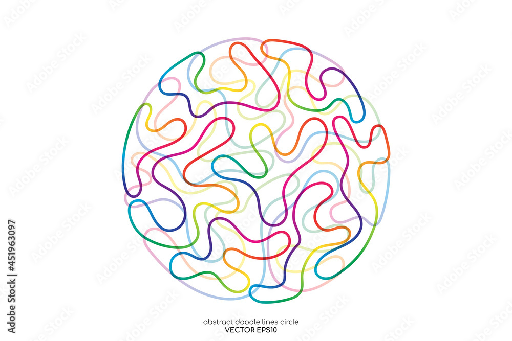 Poster Abstract doodle lines in circle round shape colorful spectrum colors isolated on white background.