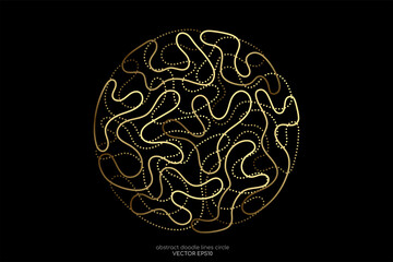 Abstract doodle lines in circle round shape gold light isolated on black background for design elements in concept luxury