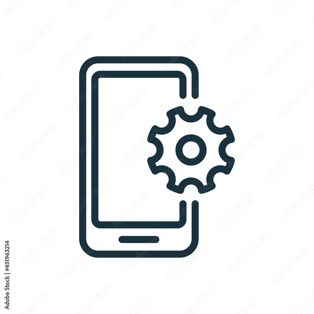 Poster update smartphone line icon. updating operating system or repair of mobile phone linear pictogram. s