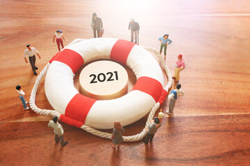 Concept image of life buoy protecting group of people. Rescue and support in times of crisis...