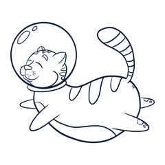 Line Art Cat Astronaut Illustration. Flying cosmic animal icon for kids graphic tees, prints, logo, coloring book and nursery decor