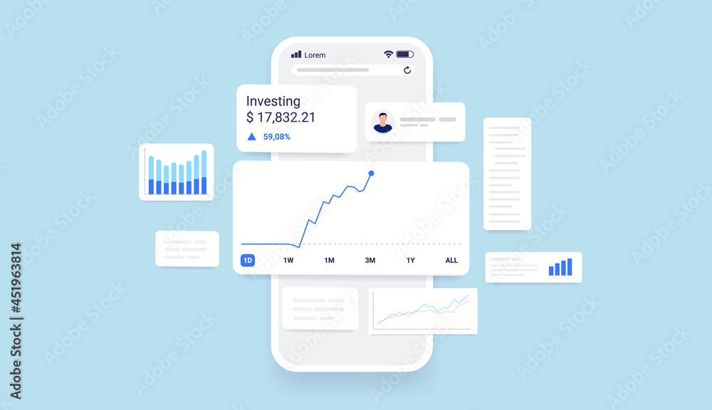 Poster investing app on smartphone - profitable investment online concept with graphs and stock market data