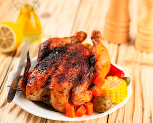 Homemade Baked Chicken with Lemon, Rosemary, and Vegetable on Wooden Background. Selected Focus.