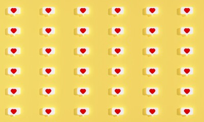 3D background illustration composed of notification-shaped objects with a heart symbol, this collage background is good for backgrounds or wallpapers for your communication devices and projects.