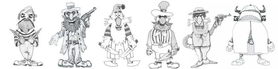 Fototapeta na wymiar Pirates, a group of funny pirates. Drawing cartoon style.