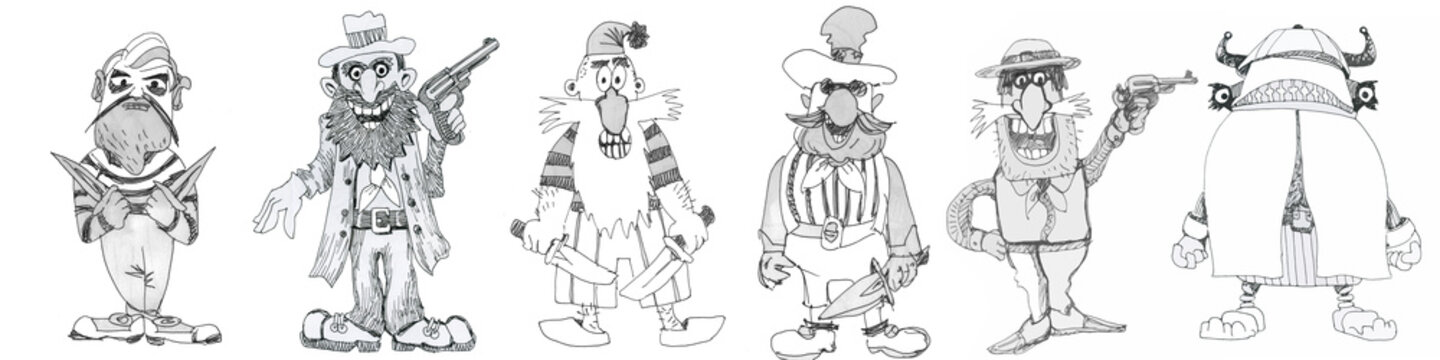 Pirates, a group of funny pirates. Drawing cartoon style.