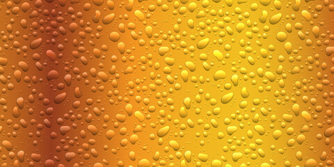 Water drops on gold background. Condensation of realistic pure rain droplets on beer