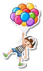 Fototapeta na wymiar Sticker template with a boy flying with many balloons isolated