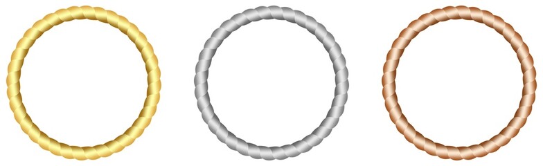 Seil oder Kordel Kreis Kollektion in gold, silber, bronze als Vektorauf einem isolierten weißen Hintergrund.