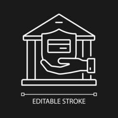 Bank account white linear icon for dark theme. Insurance for secure deposit. Savings on balance. Thin line customizable illustration. Isolated vector contour symbol for night mode. Editable stroke