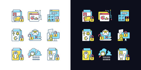 Personal information light and dark theme RGB color icons set. Financial data. Analytical tool. Authorization. Isolated vector illustrations on white and black space. Simple filled line drawings pack