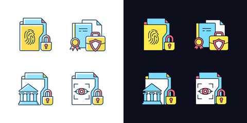 Personal sensitive data light and dark theme RGB color icons set. Business information. Government material. Isolated vector illustrations on white and black space. Simple filled line drawings pack